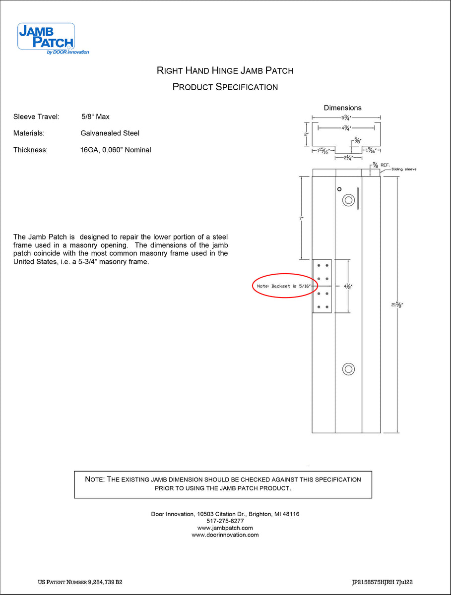 Right Hand Hinge Jamb Patch Kit Door Innovation